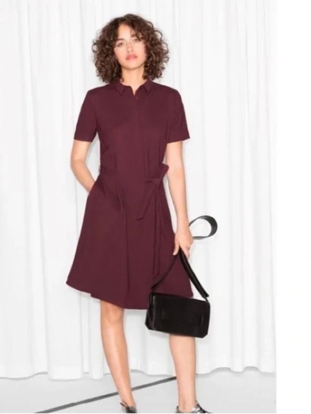 & Other Stories Belted Shirt Dress Dark Burgundy Wrap Preppy Minimalist Size 6